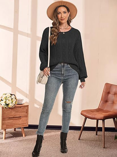 Women’s Crochet Pullover Sweater Lightweight Crew Neck Casual Fall Tops Loose Off Shoulder Knit Sweaters S~XXL