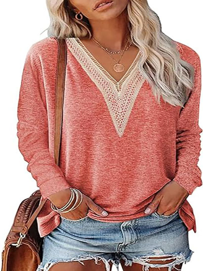 Women’s Tops Long Sleeve Lace V Neck Casual Shirts Basic Tees Loose Tunic Blouses