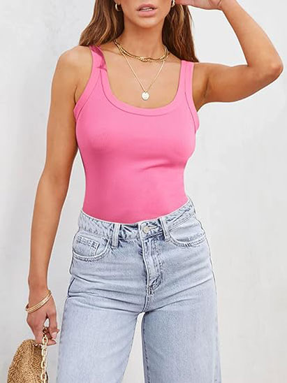 Ribbed Tank Top for Women Summer Fitted Basic Cami Sleeveless Tops Scoop Neck Shirt