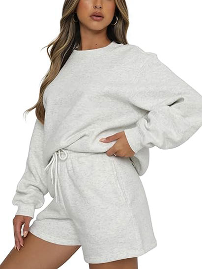 Women 2 Piece Outfits Lounge Set Oversized Sweatsuit Shorts Long Sleeve Pajamas Sweatshirt Tacksuit Set