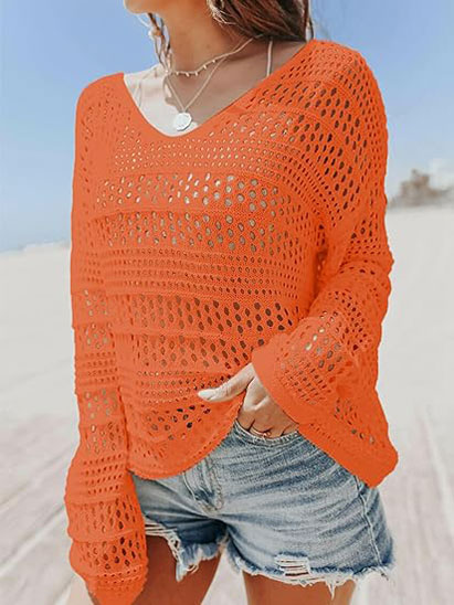 Womens Summer Crochet Cover Ups Long Sleeve Oversized Beach Mesh Top Swimwear Knitted Bikini Bathing Suit Cover Up S~XXL