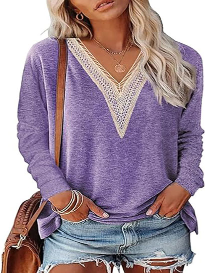 Women’s Tops Long Sleeve Lace V Neck Casual Shirts Basic Tees Loose Tunic Blouses