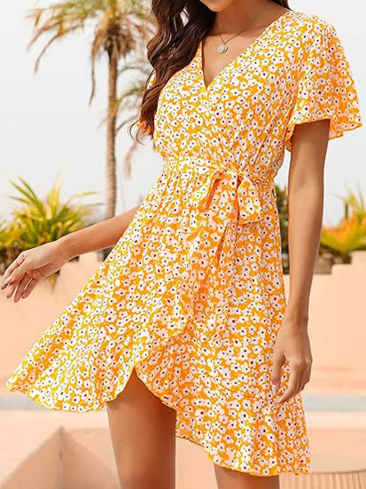 Womens V Neck Floral Print Beach Ruffle Mini Dress Lightweight Flattering Cute Dresses S~XL