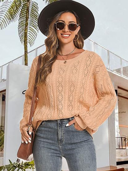 Women’s Crochet Pullover Sweater Lightweight Crew Neck Casual Fall Tops Loose Off Shoulder Knit Sweaters S~XXL