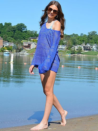 Womens Summer Crochet Cover Ups Long Sleeve Oversized Beach Mesh Top Swimwear Knitted Bikini Bathing Suit Cover Up S~XXL